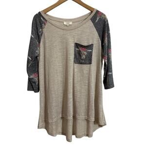 Umgee Women M Buffalo Skull 3/4 Sleeve Pocket Sheer Casual Top